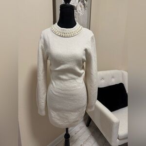 Elegant Cream Sweater Dress with Pearl Detailing